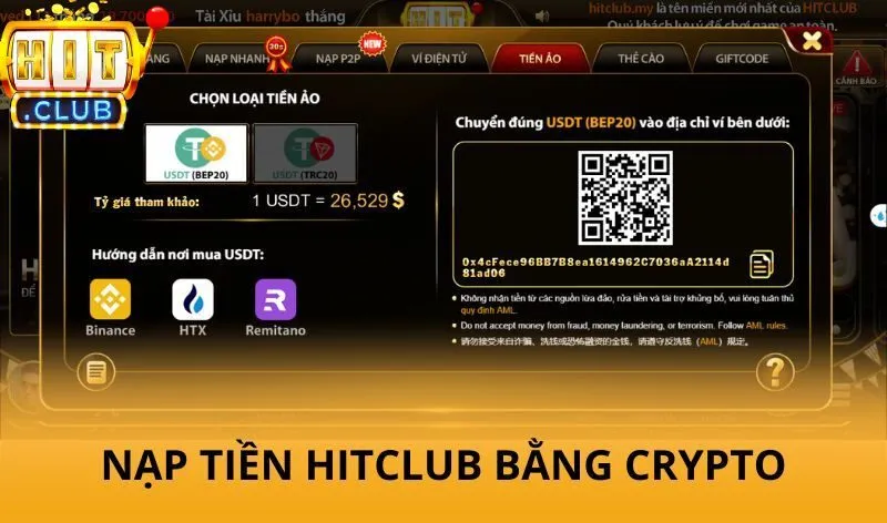 Nạp tiền Hitclub - Thực hiện nhanh chóng, an toàn chỉ vài phút 3 Nạp tiền Hitclub bằng Crypto / USDT