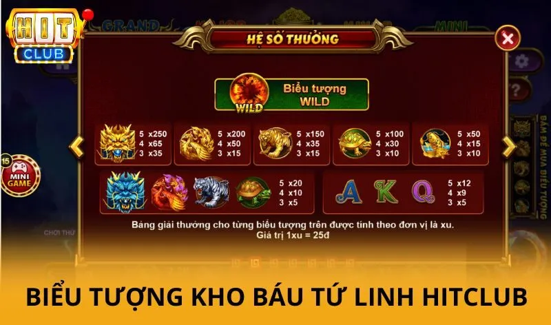 Kho báu tứ linh Hitclub - Game slot săn thưởng thần thoại nổ hũ cực lớn 2 Các biểu tượng trong Kho báu tứ linh Hitclub