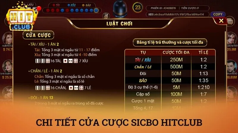 Sicbo Hitclub – Bí truyền soi cầu và chinh phục cửa cược bão 1 ăn 210 3 Chi tiết các cửa cược sicbo Hitclub và quy tắc tính điểm
